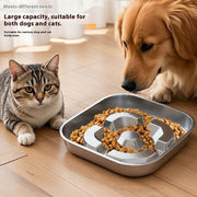 Square stainless steel slow feeding bowl with anti-choke design for healthy eating by dogs and cats on wooden floor